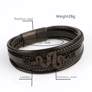 Mens black braided leather snake bracelet with stainless steel magnetic clasp 21.5cm