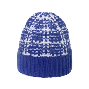 Blue and white plaid knit beanie with thick ribbed cuff for winter warmth and style