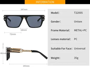 Size guide for oversized unisex flat top sunglasses with dimensions and frame specifications