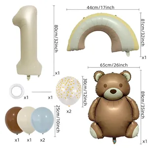Matte teddy bear and rainbow balloon set with cream number one for birthday decor