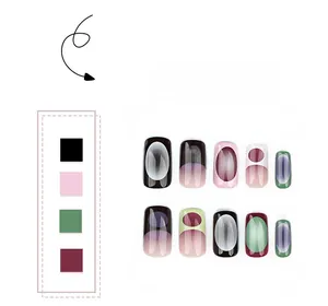 Flat lay of 10 long square press-on nails with mixed black, pink and burgundy gradient designs