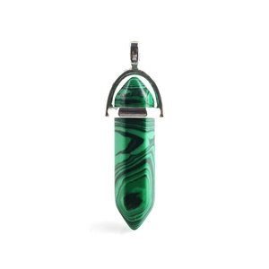 Close-up of hexagonal green malachite crystal pendant with silver metal bail