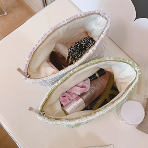 Tweed woven makeup bags in lavender and mint green with silver zipper and large capacity