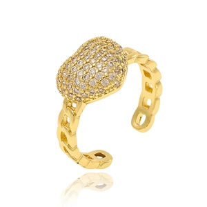 Detailed view of adjustable gold heart ring with chain band and pave-set zircons