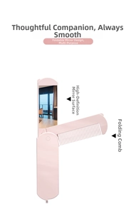 Detail of pink foldable hair comb with rectangular mirror for travel portability