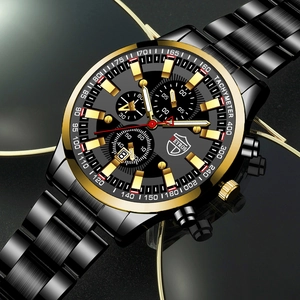 Men's sport watch with black stainless steel band, gold bezel, and chronograph dial