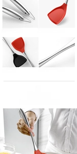 Detail of heat-resistant silicone spatula with stainless steel handle and hanging hook