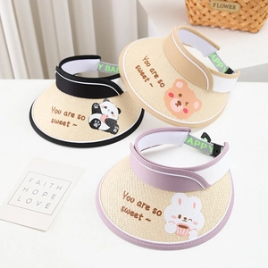 Kids Summer Straw Sun Visor Hat Cartoon Animal Print Open Top Wide Brim Breathable Beach Headwear Boys Girls