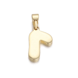 Detailed view of a gold minimalist letter r pendant with polished metallic surface finish
