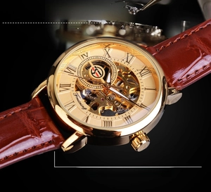 Macro detail of golden skeleton mechanical watch with visible inner gears and Roman numerals