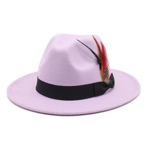 Purple wool felt fedora hat featuring a black ribbon and vibrant feather decoration