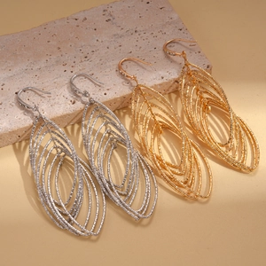 Metallic hollow layered leaf drop earrings with zircon accents and hammered texture