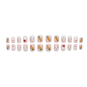 Cute cartoon rabbit and carrot press-on nails with daisy patterns in white and orange