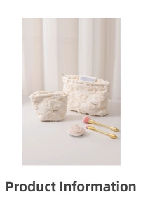 Detail view of cream plush cosmetic bags with tufted dots and branded label
