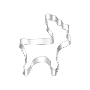 Detailed view of reindeer shaped stainless steel cookie cutter for Christmas baking