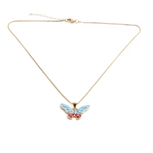 Detail of butterfly pendant necklace with blue and red enamel on gold box chain