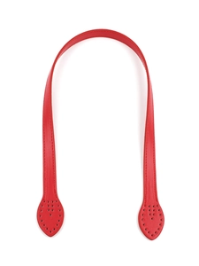 Detail of red PU leather bag handle with stitching and pre-drilled sewing holes
