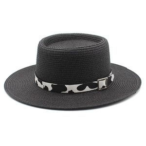 Boater Hat Summer Straw Beach Sun Protection Retro Cow Print Band Metal Buckle Flat Top Wide Brim