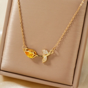 Tulip Pendant Necklace With Stainless Steel Chain Copper Cubic Zirconia Flower Clavicle Jewelry For Women