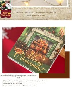 Detailed macro view of gold-foiled Christmas stickers with embossed textures and festive motifs