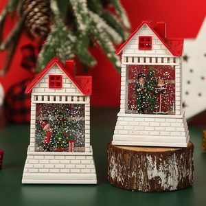 Christmas water globe snowy village scene with Santa on rustic wood decor