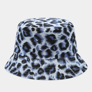 Close-up of light blue leopard print bucket hat with reinforced stitching on the brim