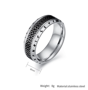 Macro view of 8mm wide vintage viking rune knot pattern on stainless steel band ring