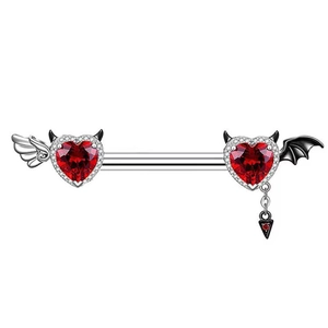Red heart gemstone nipple ring with devil wings and bat design on white background