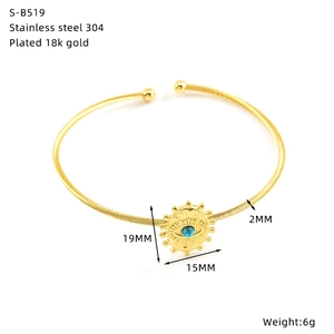 Detail of 18k gold plated evil eye bracelet with turquoise inlay and size specifications
