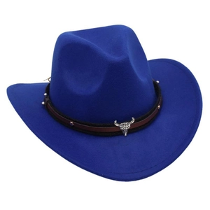 Close-up of royal blue cowboy hat featuring a leather band with metal bull skull emblem