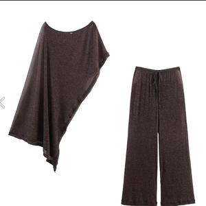 Women Pants And Asymmetric Poncho Top Metallic Thread Wide Leg Streetwear Shiny Elegant Outfit