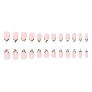 French leopard print almond press-on nails set with 24 pieces in matte pink finish