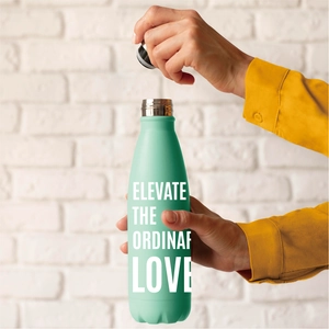 Close-up of mint green stainless steel water bottle with white text elevate the ordinary love