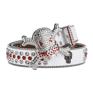White PU leather belt with rhinestone skull buckle and crocodile pattern for hip hop style
