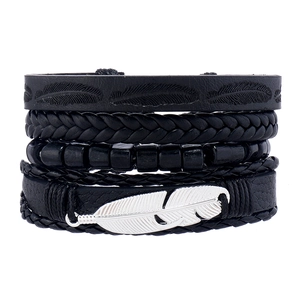 Men's multilayer leather bracelet set with silver feather charm and wooden beads