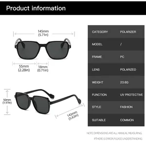 Detailed dimension chart showing 145mm width and PC frame specs for oversized sunglasses