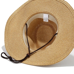 Unisex light brown paper straw sun hat with adjustable chin strap for outdoor camping