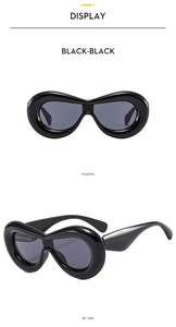 Detail showing front and 45-degree side views of 3D chunky black Y2K bubble sunglasses