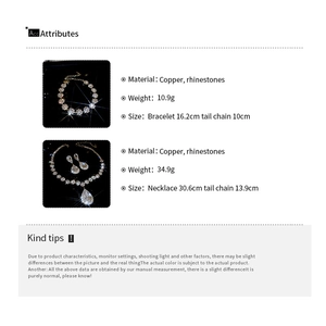 Detailing dimensions and weights for sparkling rhinestone necklace and bracelet sets
