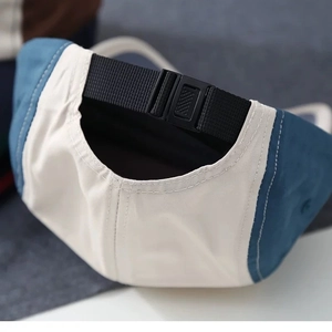 Retro color-block five-panel baseball cap with adjustable back strap and buckle closure
