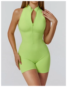 Front view of neon green high-stretch sports bodysuit with zipper and stand collar