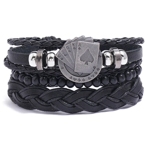 Men Bracelets Braided Faux Leather Wood Bead Metal Poker Card Spades Charm Adjustable Knot Vintage Punk Accessories