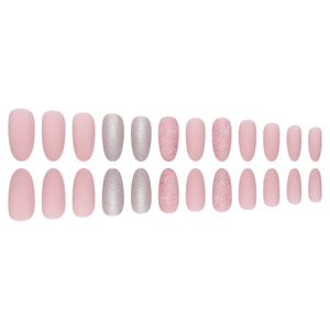 Pink matte and silver glitter press-on nail set featuring winter snowflake patterns