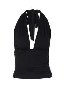 Fashionable black halter V-neck tank top with elastic fabric on white background