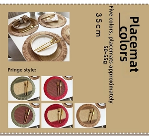 Close-up of 35cm round woven placemats with tassel edges in five mixed color schemes