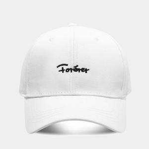 Close-up of Forever embroidery on white cotton twill baseball cap with detailed texture