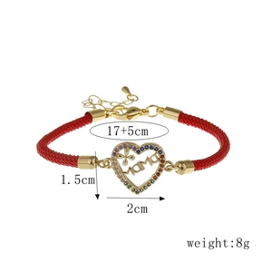 Colorful MAMA heart charm bracelet with red braided rope and multi-color zircon stones