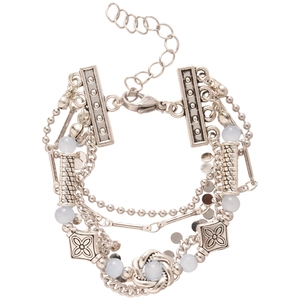 Bohemian multi-layer silver-tone bracelet with vintage blue beads and floral charms