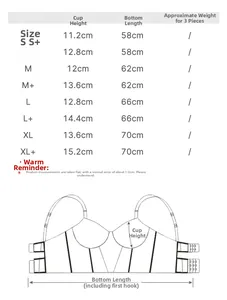 Detailed size chart for ice silk backless bra with cup height and band length measurements