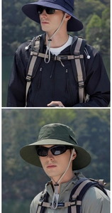Detail of waterproof wide-brim sun hat with adjustable wind rope for hiking and fishing